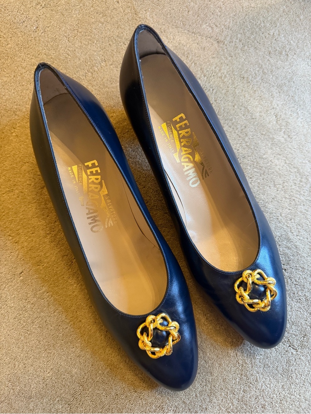Salvatore Ferragamo Navy Leather Pointed Ballet Flats with Gold Knot